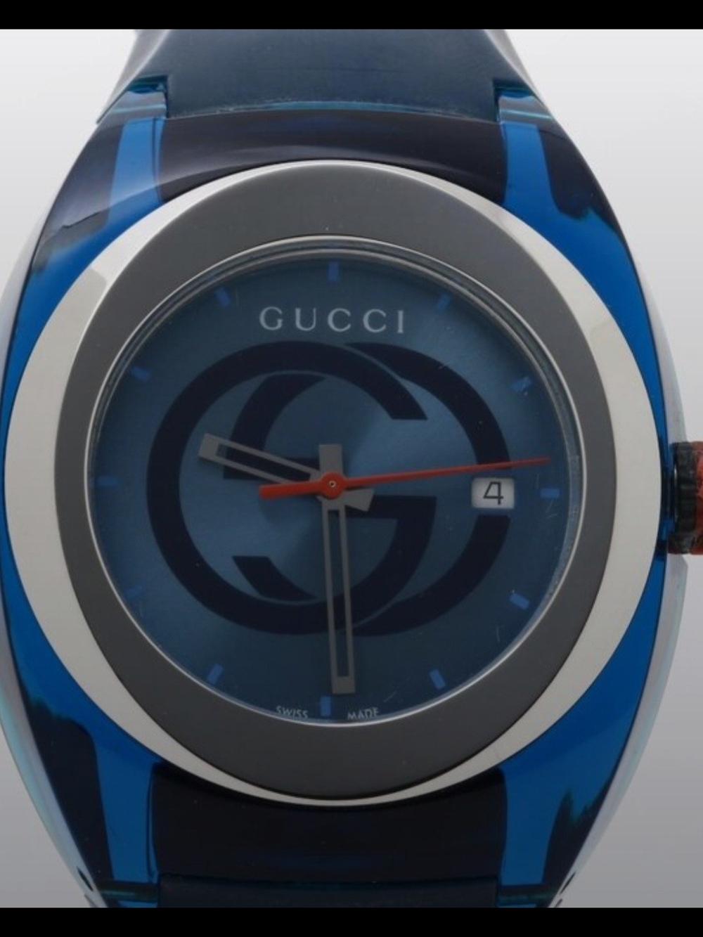 Gucci Men’s Blue Dial Logo Watch with Red Seconds Hand